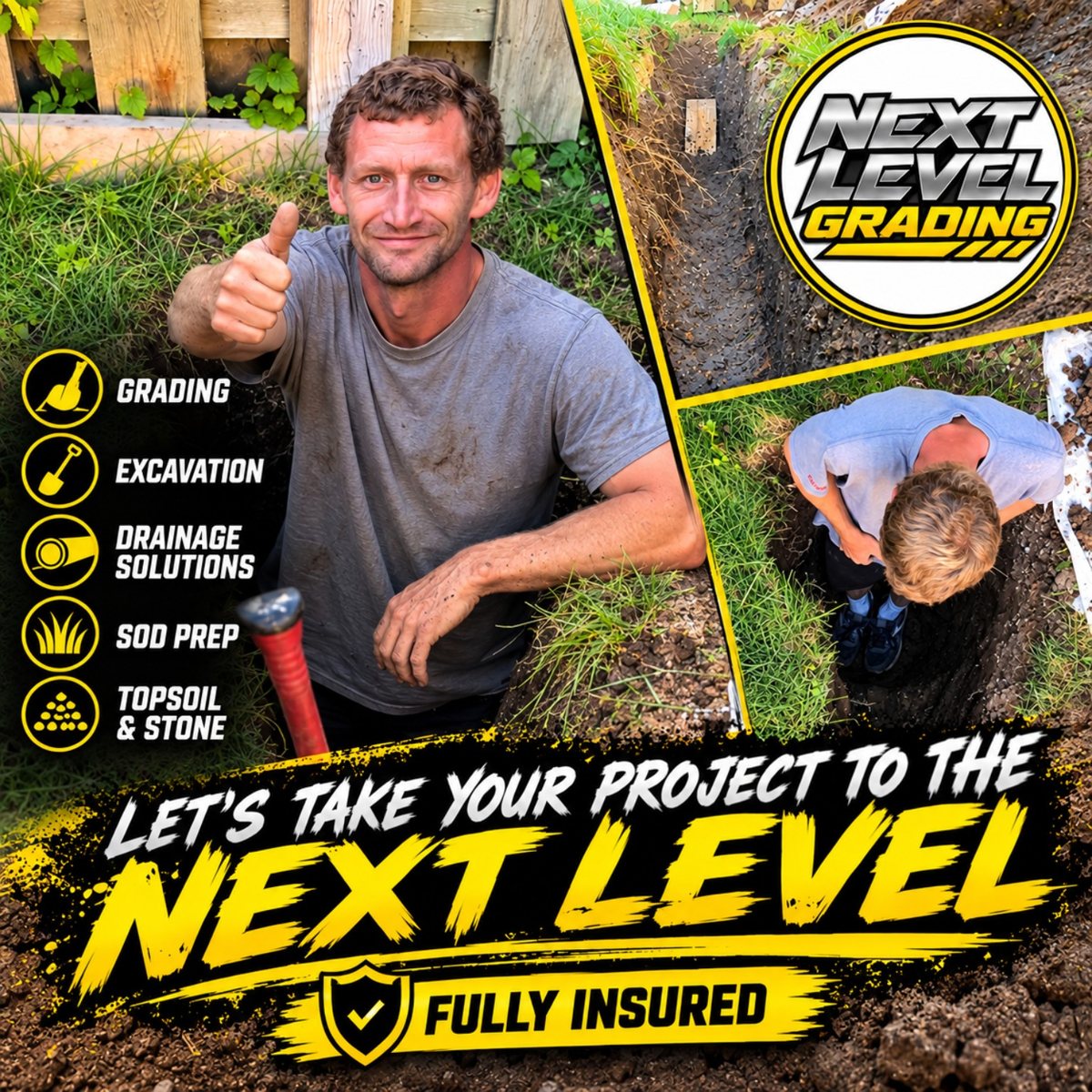 Next Level Grading team working on a residential drainage excavation